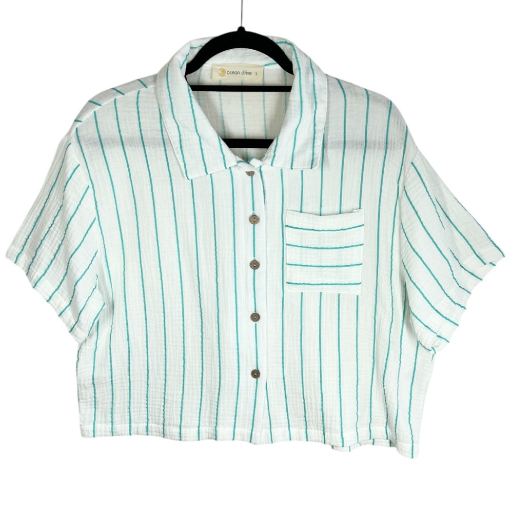 Ocean Drive Top Size Large Striped Gauze Cropped Short Sleeve White Teal